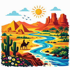 Colorful illustration of desert river canyon landscape suitable for nature travel and poster vector design