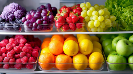 Colorful fruits fresh vegetables neatly arranged, refrigerator shelf organization, healthy eating meal prep, diet food blog concept, kitchen storage visualization, organized nutrit