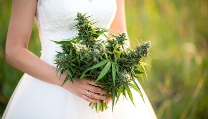 Bride holding a cannabis bouquet - marijuana flower with buds and sugar leaves for a THC wedding