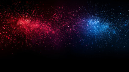 abstract black background with red and blue fireworks, horizontal banner, free space for text, Independence Day celebration card