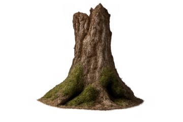 Tree stump with green moss growing on its base, natural texture and bark, isolated object on transparent background