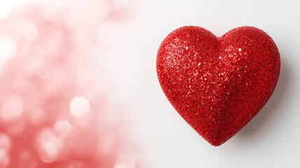 Red glitter 3d heart on white background with bokeh effect, horizontal banner, free space for text, Valentine's Day greeting card