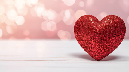 Red glitter 3d heart on light background with bokeh effect, horizontal banner, free space for text, Valentine's Day greeting card