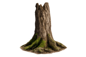 Fototapeta premium Gnarly old tree stump featuring textured brown bark and a spreading root system, with vibrant green moss growing at its base