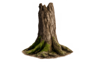 Gnarly old tree stump featuring textured brown bark and a spreading root system, with vibrant green moss growing at its base