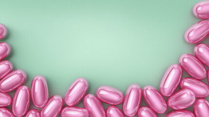 Ultra-photorealistic studio macro photograph of pink supplement capsules forming a clean bottom border across the frame, designed as a medical and wellness banner with large empty
