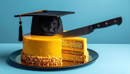 Graduation cake with graduation cap cut with knife