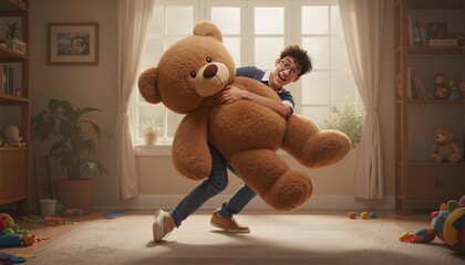 A goofy young man struggling to pull out an oversized teddy bear, stumbling over himself.
