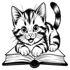 Cute tabby kitten sitting on open book black and white illustration for animal lovers and educational themes on white background 191 character