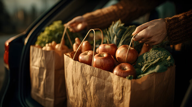 A person is holding two bags of groceries, one of which contains apples
