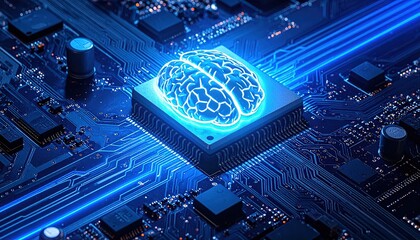 Glowing brain CPU processor on motherboard