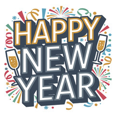 happy new year celebration banner poster greeting card design template with champagne glasses confetti and colorful fireworks