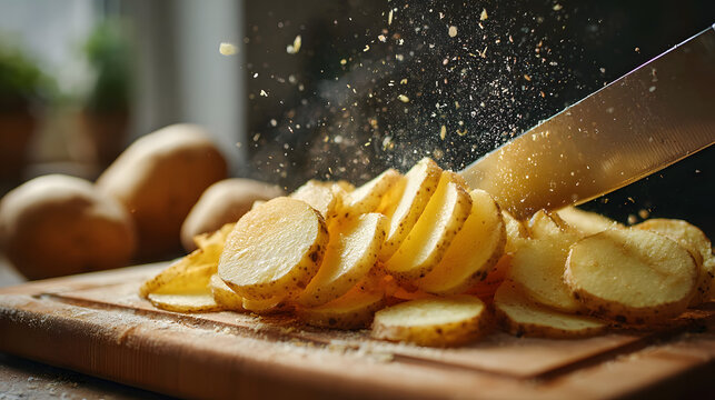 A knife is cutting up a pile of potatoes on a wooden cutting board