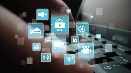 Multimedia technology with video, audio, photo and streaming icons representing digital media, communication and online platforms in a modern multimedia world. Funnel - Powered by Adobe