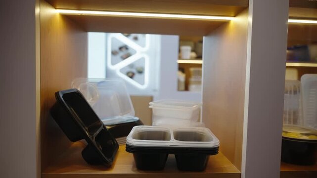 Illuminated wooden shelving showcasing stacked plastic meal-prep containers with clear lids, highlighting black two-compartment trays in a modern kitchenware display with warm ambient lighting