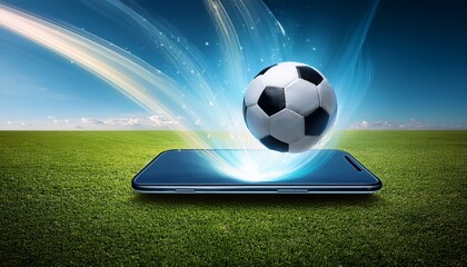 soccer ball appears to emerge from a smartphone screen on a grassy field symbolizing the integration of technology and sports