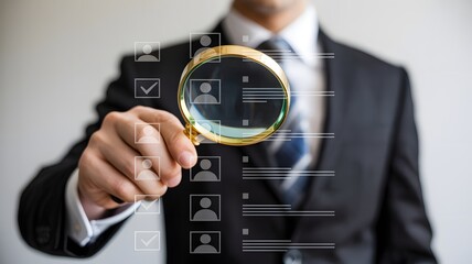 Person in a black suit holding a magnifying glass over a digital interface with and checkmarks white shirt