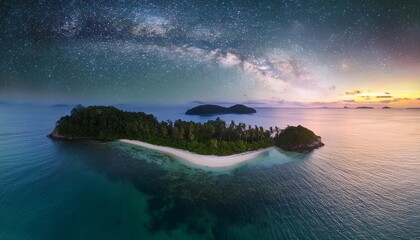 starlit nightscape over tropical island paradise remote ocean aerial view serene nature beauty