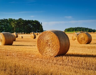 bales of hay are arranged neatly in a golden field surrounded by vibrant green crops tall trees stand in the background under a clear blue sky showcasing a peaceful rural scene