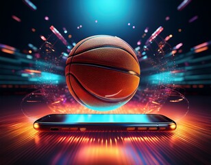 a basketball floating above a smartphone symbolizing sports technology and digital interaction
