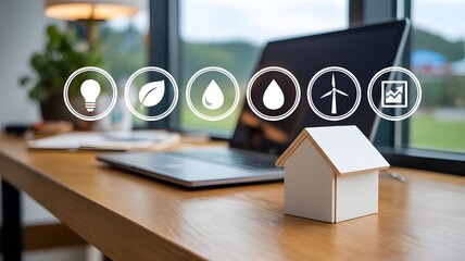 Small white house model on wooden desk with laptop and of energy efficiency concepts in background light bulb