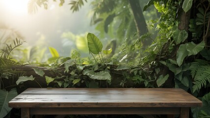 Wooden table in lush green tropical garden with sunlight filtering through leaves lush greenery