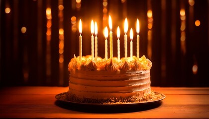 single birthday cake glowing with candles in dark room soft orange lighting and dramatic shadows intimate celebration mood
