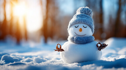 Snowman meditating in winter landscape, snow and trees setting, serene scene capturing calmness, smiling snowman nature visualization, seasonal greeting concept, wellness represent