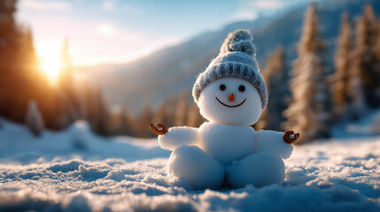 Obraz premium Snowman meditating in winter landscape, snow and trees setting, serene scene capturing calmness, smiling snowman nature visualization, seasonal greeting concept, wellness represent