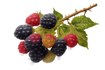 Fresh wild berries on a thorny branch with dew drops, showing ripe blackberries and red raspberries, transparent background