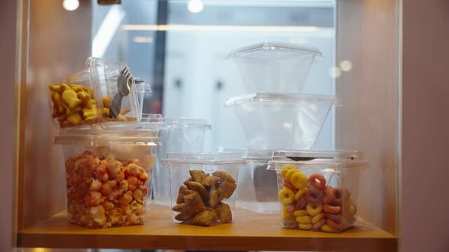 Assorted snacks displayed in clear plastic containers on a wooden shelf, featuring colorful ring cereals, sugared nuts, and puffed treats beside stacked empty boxes inside a well-lit cabinet.