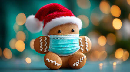 Gingerbread man wearing face mask Santa hat, holiday flu season concept, pandemic festive visualization, health safety representation, seasonal wellness awareness, COVID Christmas 