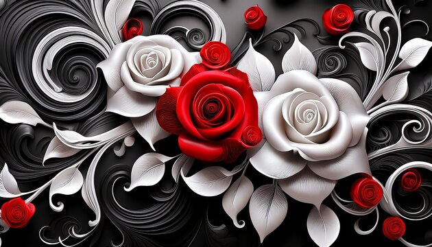 black and white wallpaper with red roses and a bunch of swirls in the style of pseudo realistic delicate constructions