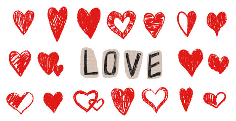 Set of red hearts with crayon and lipstick texture. Valentine Day hand drawn stickers