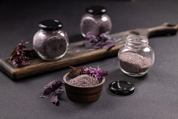 Purple basil herb salt in jars for fresh seasoning