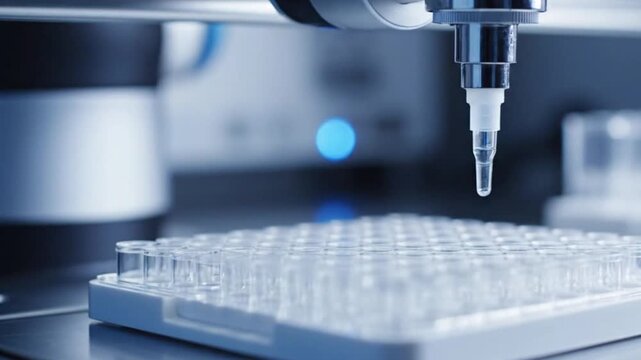 Macro Close-Up of Automated Pipette Robot in Sterile Laboratory