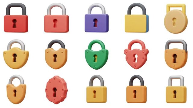 A collection of colorful, 3D-rendered padlocks in various shapes and sizes
