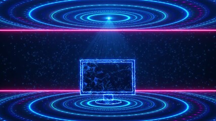 Futuristic Digital Computer Monitor With Neon Glow In Cyberspace Arena. Abstract Technology Background With Plexus Network On Screen, Data Flow, And Virtual Reality Concept. Futuristic Neon Monitor In - Powered by Adobe