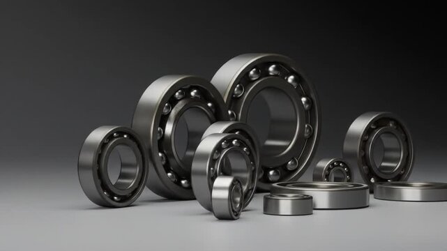 Collection of various metal ball bearings and roller bearings displayed on a gray background