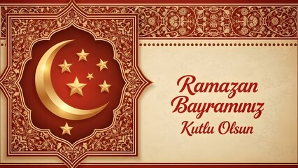 Elegant greeting card design featuring a radiant golden crescent moon and numerous shining stars framed by intricate Islamic arabesque patterns wishing joyous Ramazan Bayraminiz Kutlu Olsun.