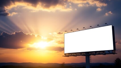 Blank outdoor advertising billboard stands tall against a dramatic sunset sky with brilliant golden sun rays breaking through dark clouds illuminating the vast open landscape below.