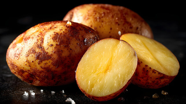 Three potatoes are shown, one of which is cut in half