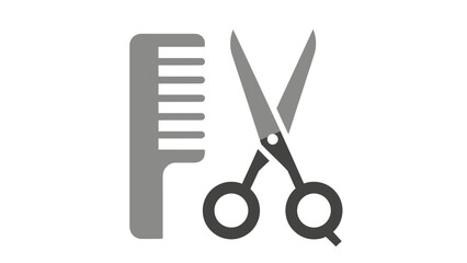 Simple gray comb and scissors icon on white background.