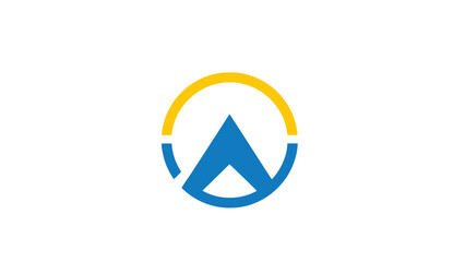 Abstract logo design with a mountain peak inside a circle, in blue and yellow colors.