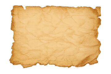 Crumpled aged paper texture background with vintage parchment look and torn, burnt edges. Transparent background