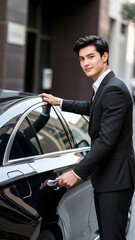 Young professional Asian chauffeur in black suit opening rear door of luxury black car, executive transportation and premium ride sharing service concept