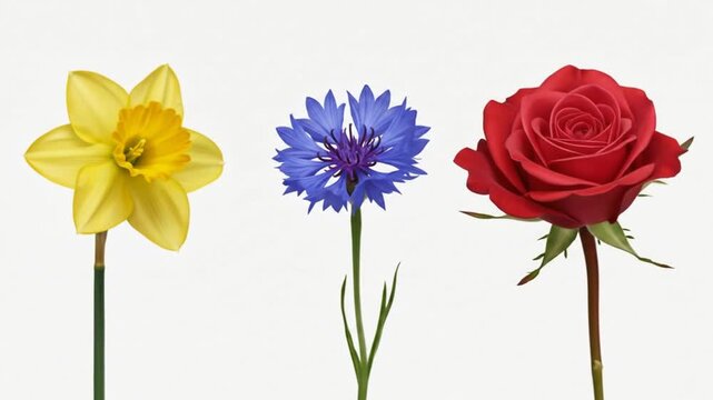 Three distinct flowers in a row a yellow daffodil, a blue cornflower, and a red rose, against a white background