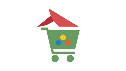 A colorful shopping cart with a house roof, symbolizing home delivery services.