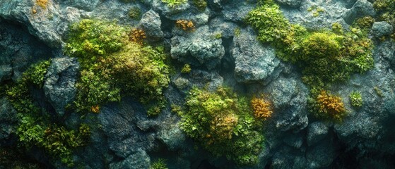 Underwater scene with rocks covered in green and orange algae. The water is clear, revealing the textures of the rocks and marine vegetation.