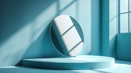 A minimalist interior scene featuring a round mirror on a circular pedestal. The walls are painted in a soft blue color, with natural light streaming through a window.